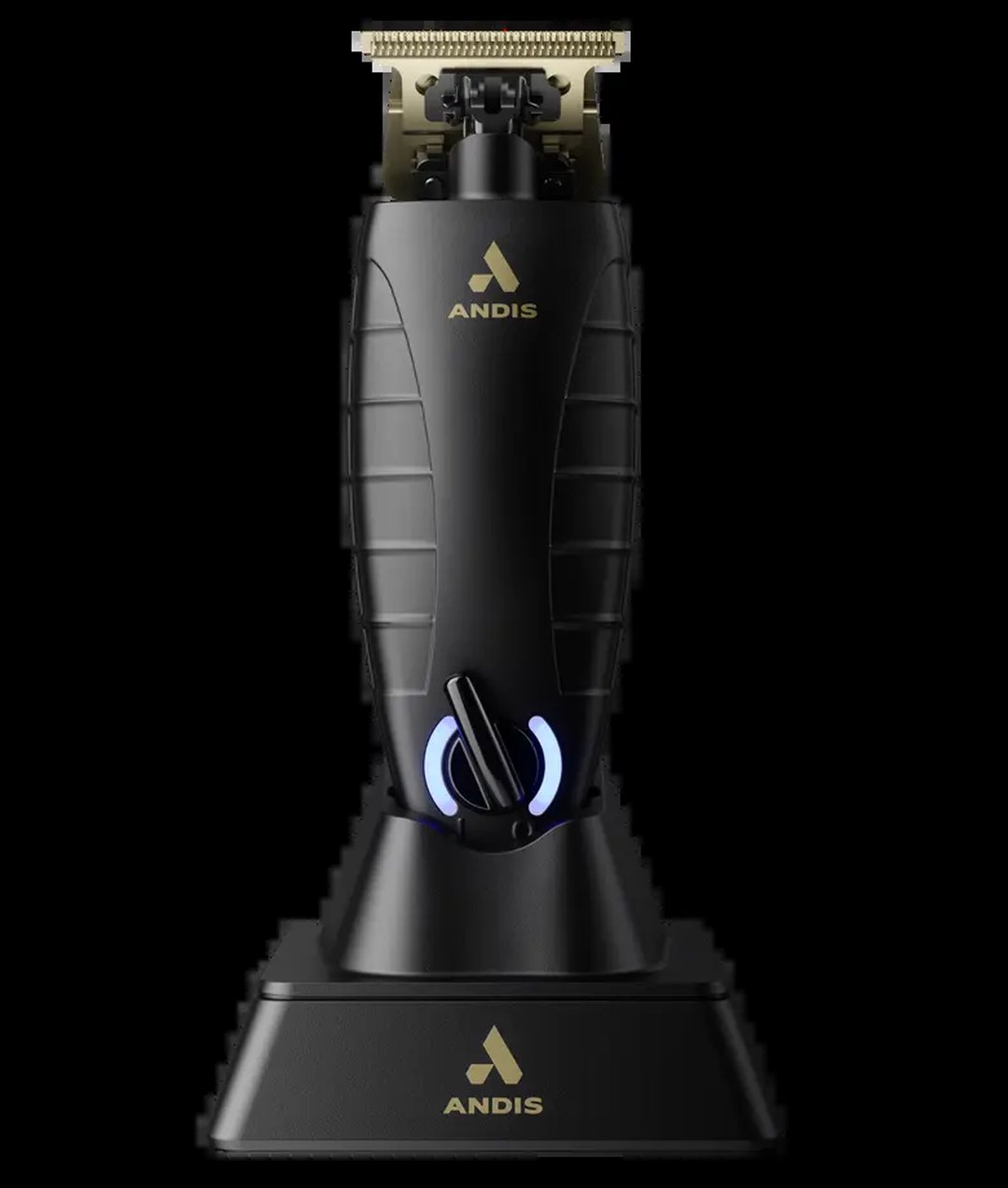 Andis GTX-EXO cord or cordless lithium-ion trimmer with deep-tooth T-blade on a cream background