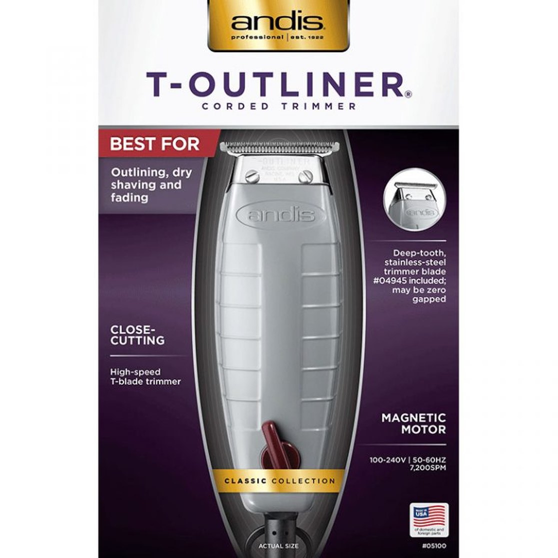 Andis T-Outliner corded barber trimmer with carbon-steel T-blade on a cream background