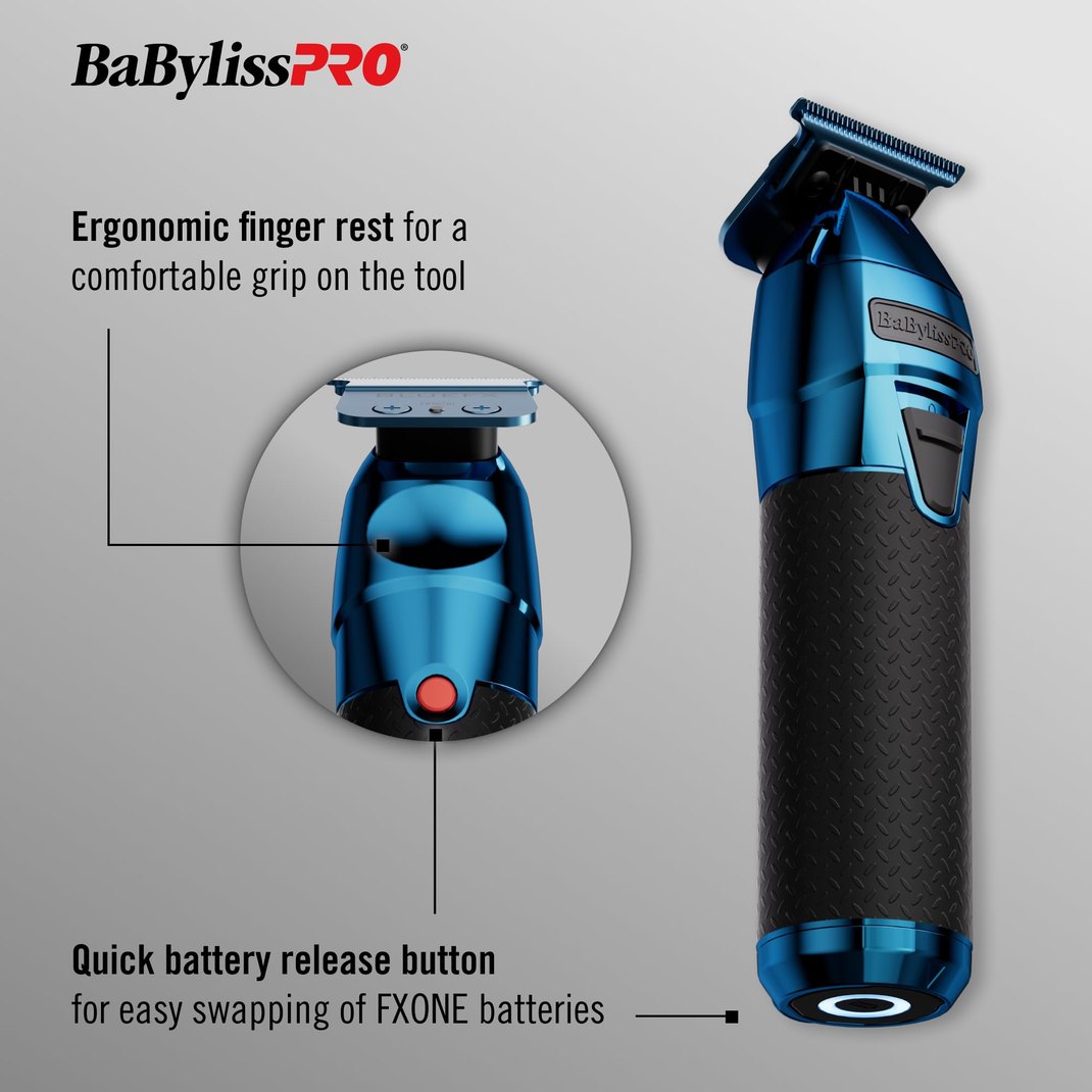 BaBylissPRO FXONE cordless outlining trimmer with gold DLC blade on a cream background