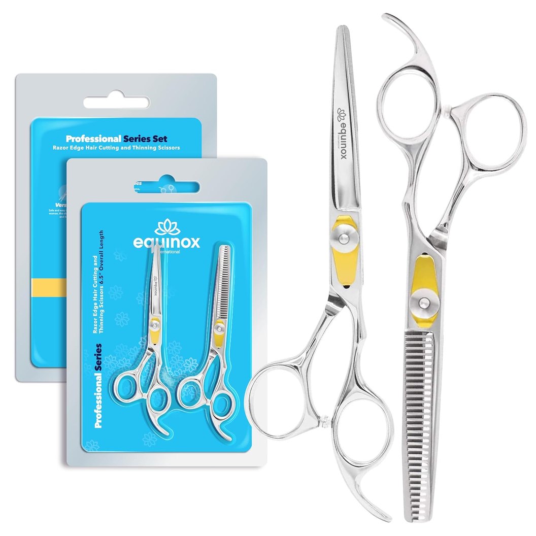 Equinox Professional Razor Edge Series set with a cutting pair and a toothed thinning pair, on a cream background