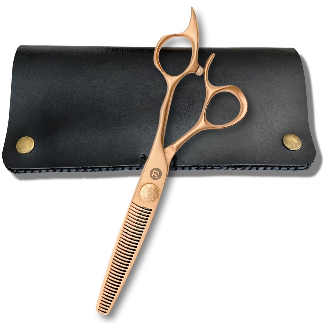 Saki Gold 6 inch thinning shears in VG-10 Japanese cobalt steel with a gold finish, on a cream background