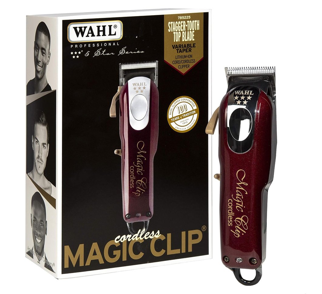 Wahl 5-Star Magic Clip cordless clipper with stagger-tooth crunch blade on a cream background