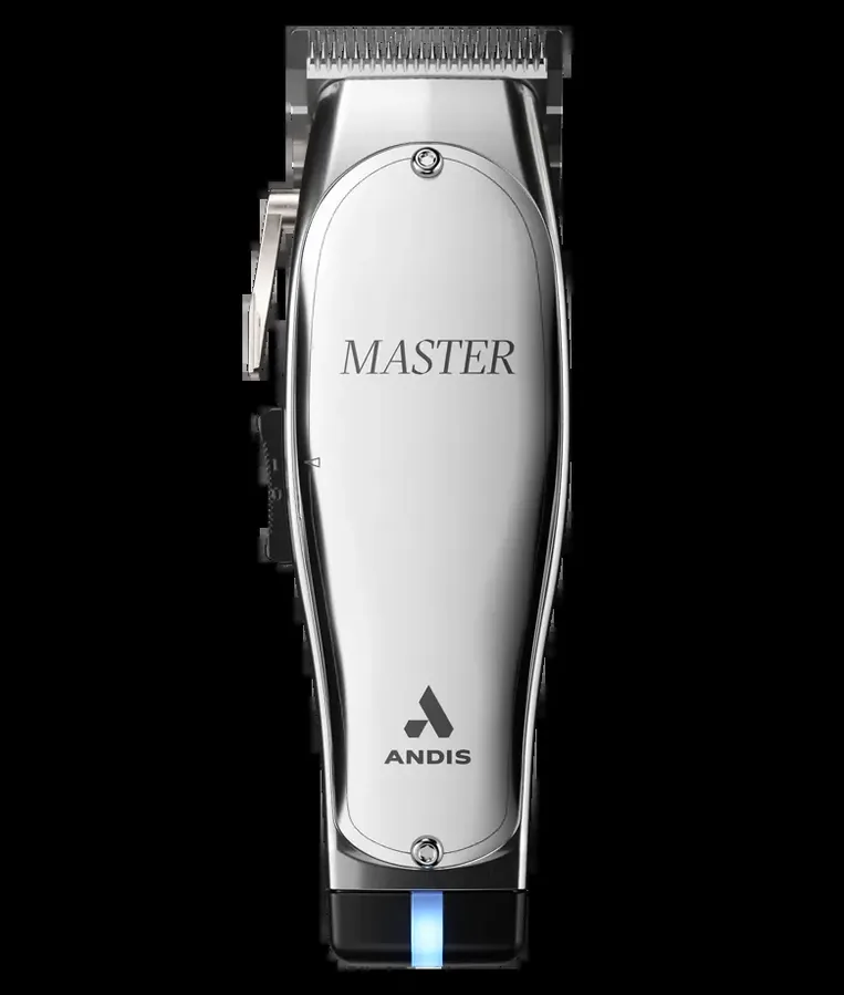 Cordless Andis Master clipper in silver showing the blade and battery light
