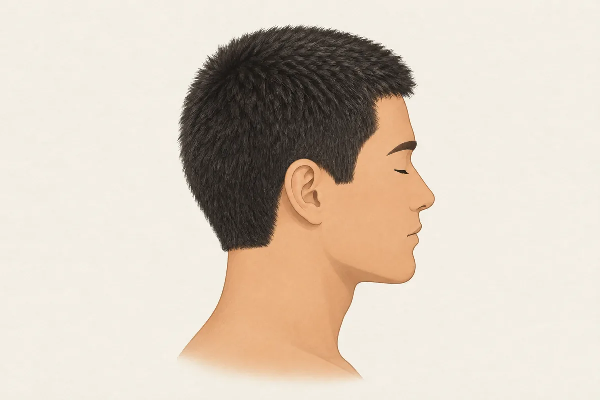 Side-profile illustration of an 8 guard buzz cut: about one inch of hair, the same length all over the head, with no fade and a squared neckline