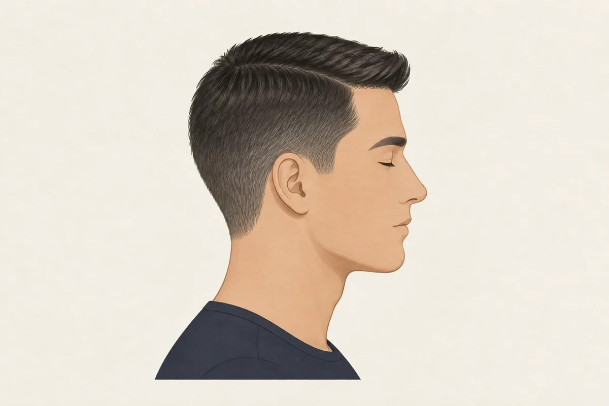 Side-profile illustration of an Ivy League haircut: short scissor-tapered sides with no skin showing and a longer top combed to the side from a side part