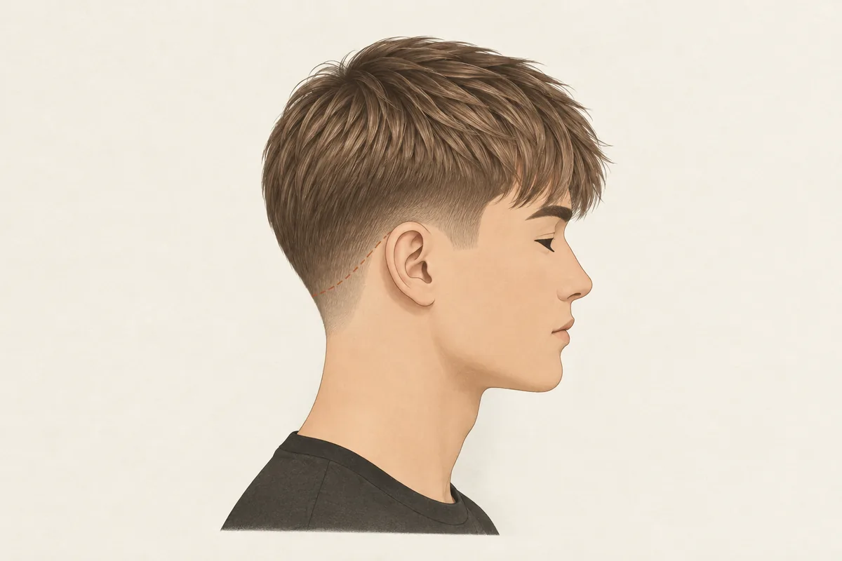 Side-profile illustration of a low taper fade on straight light-brown hair: the sides debulked to lie flat and only the last inch at the ear and neckline tapered short